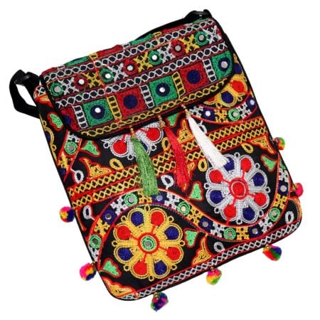 Jaipuri Handmade Embroidered Cotton Sling Bag Traditional Rajasthani Crossbody Bag with Tassels for Women
